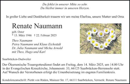 Todesanzeige von Renate Naumann von saarbruecker_zeitung