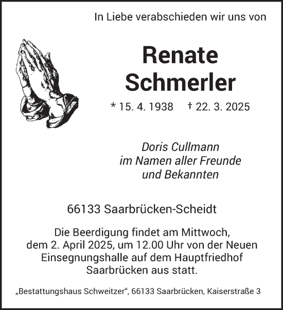 Todesanzeige von Renate Schmerler von saarbruecker_zeitung