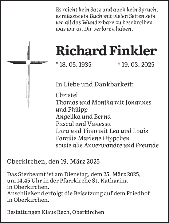 Todesanzeige von Richard Finkler von saarbruecker_zeitung