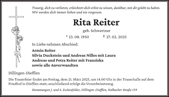 Todesanzeige von Rita Reiter von saarbruecker_zeitung