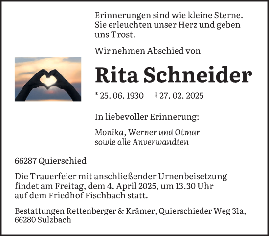 Todesanzeige von Rita Schneider von saarbruecker_zeitung
