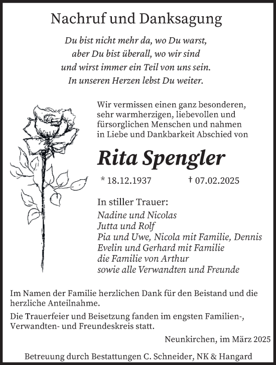 Todesanzeige von Rita Spengler von saarbruecker_zeitung