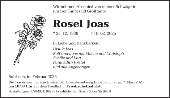 Todesanzeige von Rosel Joas von saarbruecker_zeitung