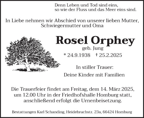 Todesanzeige von Rosel Orphey von saarbruecker_zeitung