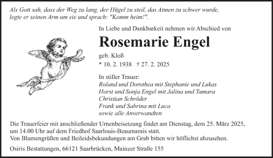 Todesanzeige von Rosemarie Engel von saarbruecker_zeitung