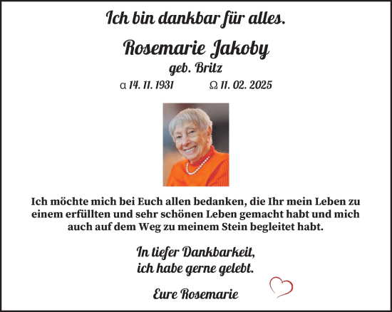 Todesanzeige von Rosemarie Jakoby von saarbruecker_zeitung