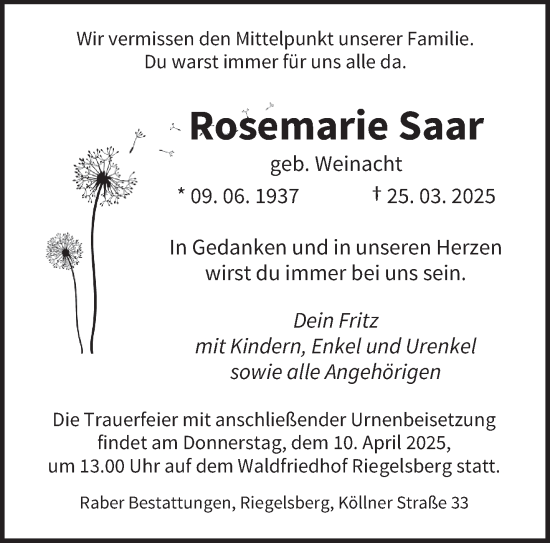 Todesanzeige von Rosemarie Saar von saarbruecker_zeitung