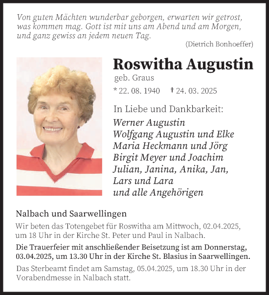 Todesanzeige von Roswitha Augustin von saarbruecker_zeitung