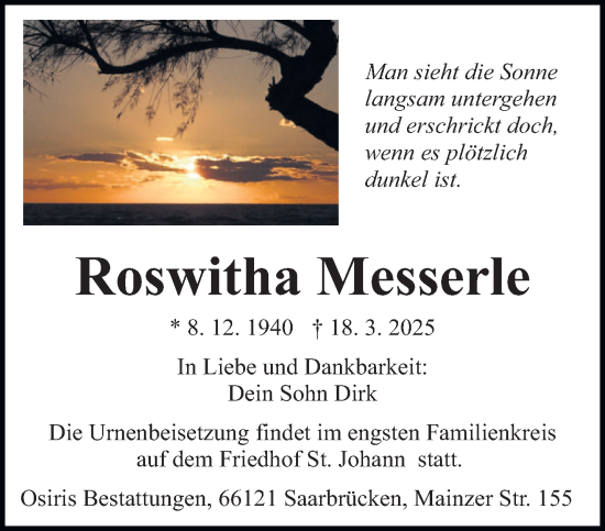 Todesanzeige von Roswitha Messerle von saarbruecker_zeitung