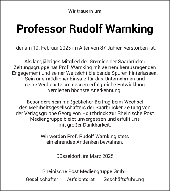 Todesanzeige von Rudolf Warnking von saarbruecker_zeitung