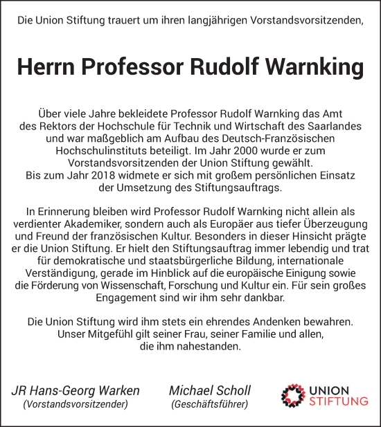Todesanzeige von Rudolf Warnking von saarbruecker_zeitung
