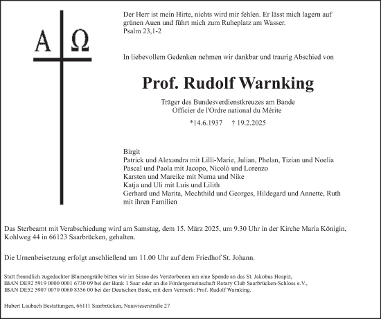 Todesanzeige von Rudolf Warnking von saarbruecker_zeitung