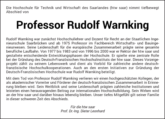 Todesanzeige von Rudolf Warnking von saarbruecker_zeitung