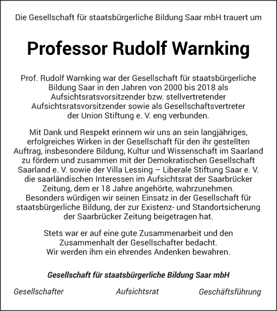 Todesanzeige von Rudolf Warnking von saarbruecker_zeitung