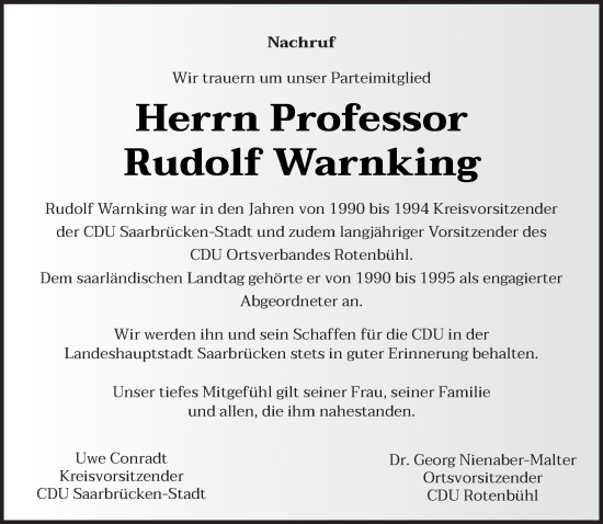 Todesanzeige von Rudolf Warnking von saarbruecker_zeitung