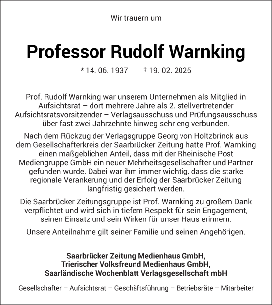 Todesanzeige von Rudolf Warnking von saarbruecker_zeitung