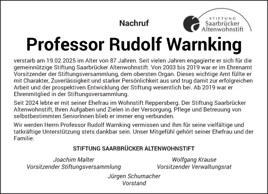 Todesanzeige von Rudolf Warnking von saarbruecker_zeitung