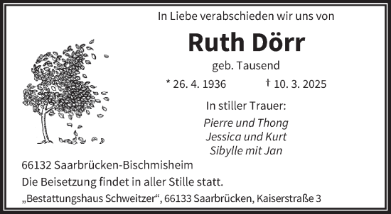 Todesanzeige von Ruth Dörr von saarbruecker_zeitung