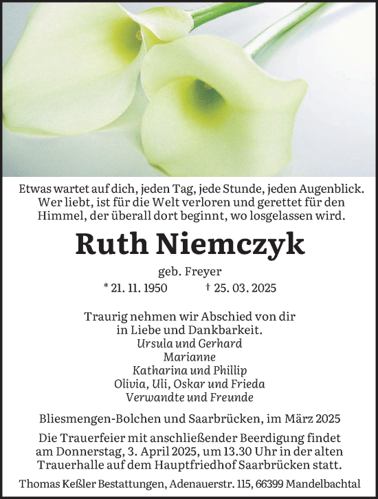 Todesanzeige von Ruth Niemczyk von saarbruecker_zeitung