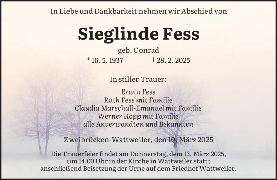Todesanzeige von Sieglinde Fess von saarbruecker_zeitung
