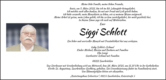 Todesanzeige von Siggi Schlott von saarbruecker_zeitung