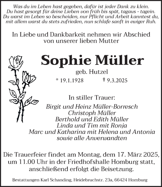 Todesanzeige von Sophie Müller von saarbruecker_zeitung