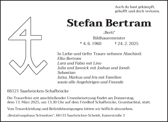 Todesanzeige von Stefan Bertram von saarbruecker_zeitung