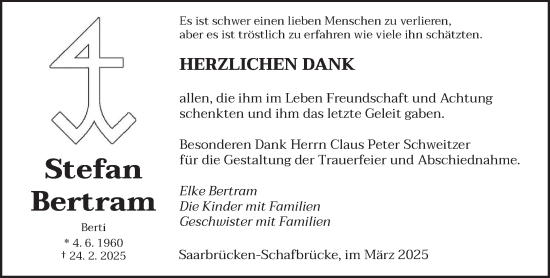 Todesanzeige von Stefan Bertram von saarbruecker_zeitung