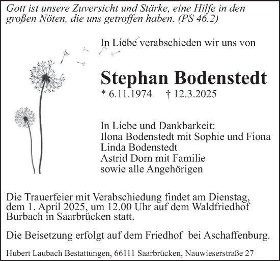 Todesanzeige von Stephan Bodenstedt von saarbruecker_zeitung