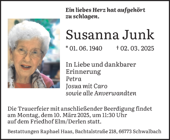 Todesanzeige von Susanna Junk von saarbruecker_zeitung