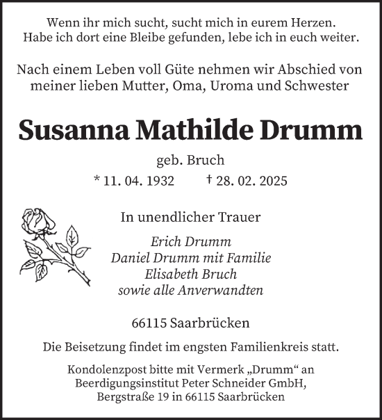 Todesanzeige von Susanna Mathilde Drumm von saarbruecker_zeitung