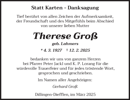 Todesanzeige von Therese Groß von saarbruecker_zeitung