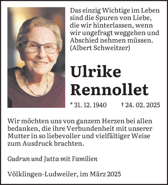 Todesanzeige von Ulrike Rennollet von saarbruecker_zeitung