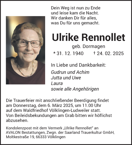 Todesanzeige von Ulrike Rennollet von saarbruecker_zeitung