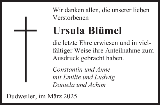 Todesanzeige von Ursula Blümel von saarbruecker_zeitung