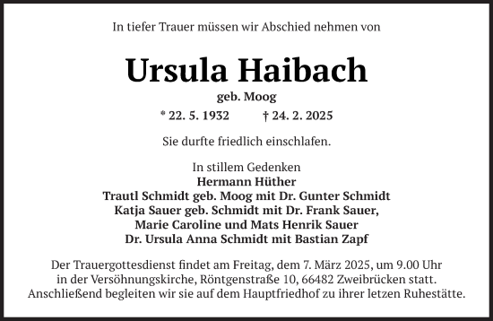 Todesanzeige von Ursula Haibach von saarbruecker_zeitung