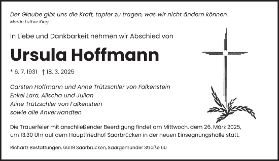 Todesanzeige von Ursula Hoffmann von saarbruecker_zeitung