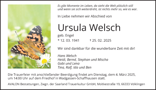 Todesanzeige von Ursula Welsch von saarbruecker_zeitung