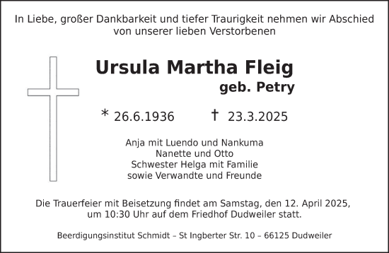 Todesanzeige von Ursula Martha Fleig von saarbruecker_zeitung