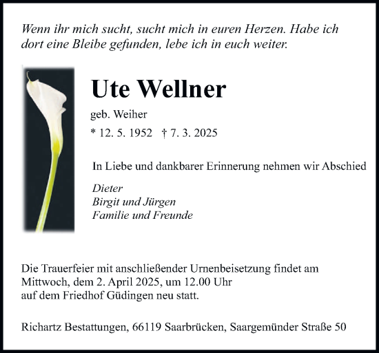 Todesanzeige von Ute Wellner von saarbruecker_zeitung
