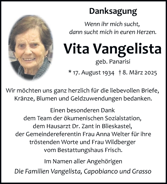 Todesanzeige von Vita Vangelista von saarbruecker_zeitung