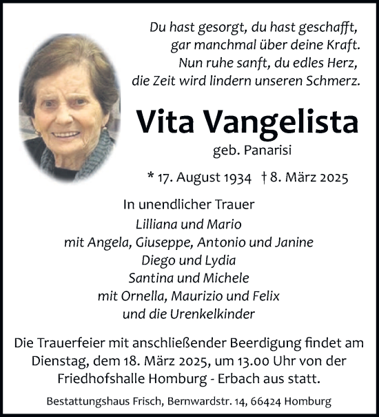 Todesanzeige von Vita Vangelista von saarbruecker_zeitung