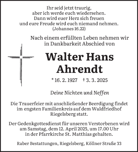 Todesanzeige von Walter Hans Ahrendt von saarbruecker_zeitung
