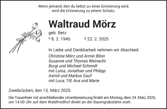 Todesanzeige von Waltraud Mörz von saarbruecker_zeitung