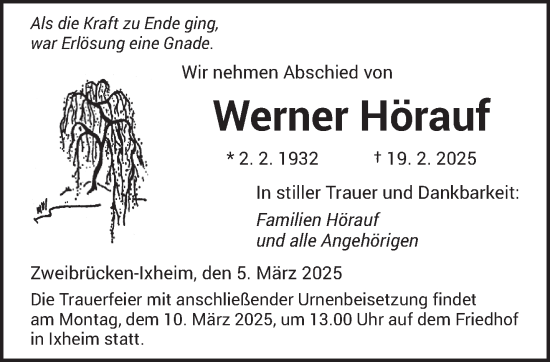 Todesanzeige von Werner Hörauf von saarbruecker_zeitung