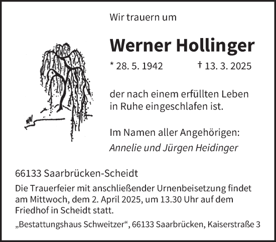 Todesanzeige von Werner Hollinger von saarbruecker_zeitung