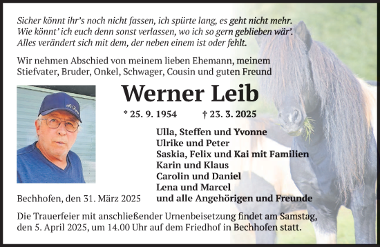 Todesanzeige von Werner Leib von saarbruecker_zeitung