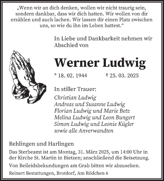 Todesanzeige von Werner Ludwig von saarbruecker_zeitung