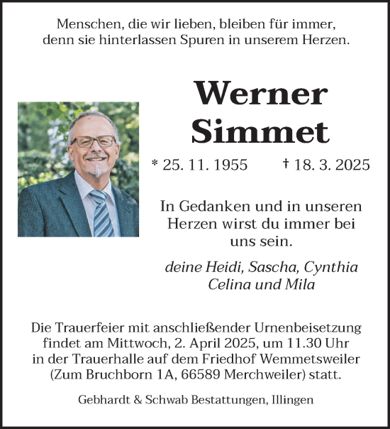 Todesanzeige von Werner Simmet von saarbruecker_zeitung