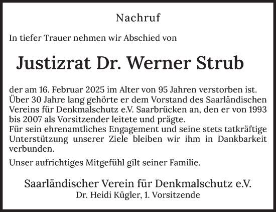 Todesanzeige von Werner Strub von saarbruecker_zeitung